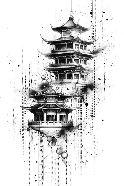 Japanese Dojo Tattoo, Japanese House Tattoo Design, China Tattoo Ideas, Japanese Building Tattoo, Japanese House Tattoo, House Tattoo Design, Japanese Temple Tattoo Design, Tattoo Japon, Temple Tattoo Design