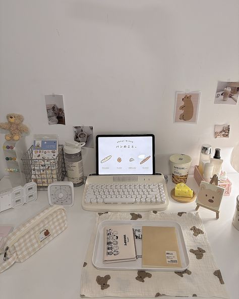 Sweet milktea vibes 🧋🧸☁️ #deskgram #deskaesthetic #milktea #unilife #studentlife #study Study Table Aesthetic Vintage, Aesthetic White Desk, Study Table Aesthetic, Writing Setup, French Style Desk, Vintage Study, Study Desk Organization, Typewriter Keyboard, Beige Desks