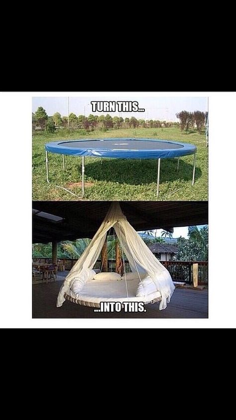 Trampoline into outdoor bed Hammock Ideas, Old Trampoline, Large Backyard Landscaping, Patio Grande, Garden Furniture Design, Backyard Trampoline, Hanging Furniture, Large Backyard, Diy Garden Furniture