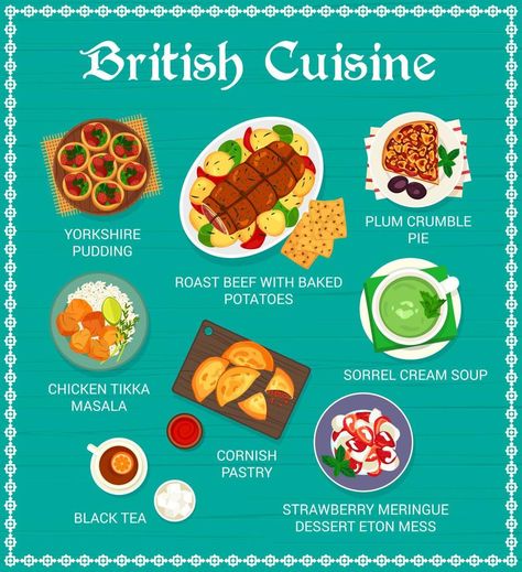 British cuisine restaurant menu page template Uk Food Recipes, Cornish Pastry, Strawberry Meringue, Plum Crumble, Spanish Words For Beginners, Uk Recipes, Vegetarian Soup Recipes, Eton Mess, Uk Food