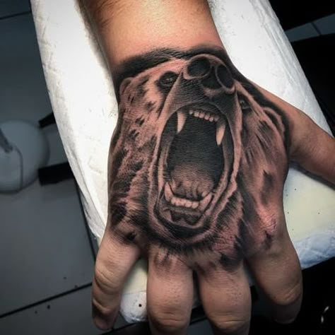 Bear Hand Tattoo Men, Grizzly Bear Hand Tattoo, Animal Hand Tattoos For Guys, Bear Eyes Tattoo, Bear Hand Tattoo, Lion Hand Tattoo, Werewolf Tattoo, Tattoo Wings, Animal Stencils