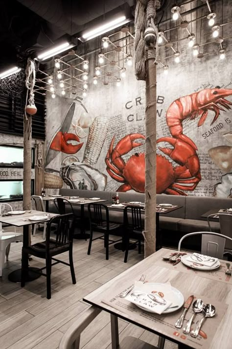 Crawfish Restaurant Design, Shrimp Restaurant Design, Fish Restaurant Design Interiors, Seafood Restaurant Exterior, Beach Restaurant Interior Design, Sea Food Restaurant Design Interiors, Fish Shop Design, Seafood Restaurant Interior, Fish Restaurant Design