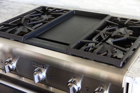 gas range with griddle instead of extra burner Stovetop Griddle, Thermador Cooktop, Stove With Griddle, Thermador Range, Natural Light Kitchen, Stove Top Griddle, Gas Ovens, Update Kitchen Cabinets, Our Best Bites