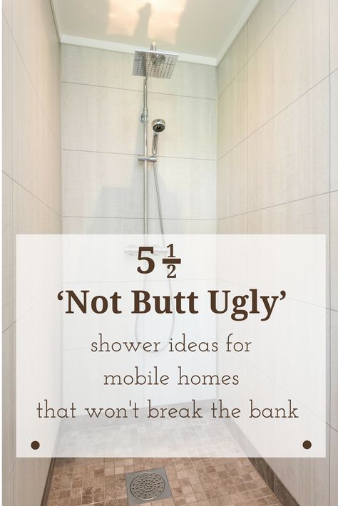 If you think the walls in this shower are made of tile - they are not. They are mobile, tiny and RV friendly laminate wall panels which travel well. Get 5 1/2 ideas for a stylish mobile-friendly home - which won't bust your budget. | Innovate Building Solutions #WallPanels #LaminatePanels #MobileHome #TinyHome Rv Shower Remodel Diy Tile, Mobile Home Walk In Shower Remodel, Shower Remodel Mobile Home, Tiny Shower Tile Ideas, Alternative Shower Walls, Diy Shower Wall Ideas, Mobile Home Shower Ideas, Diy Small Shower Remodel, Mobile Home Shower Remodel Diy