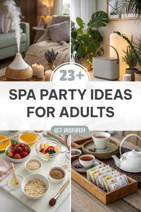 Click for More ➡️ | Save for Later ❤️ | Spa Party Ideas: Aromatherapy, playlists, and face masks for the ultimate relaxation experience. Spa Open House Party Ideas, Face Mask Bar Party, Spa Bridal Shower Decorations, Spa Night Party Adults, Bachelorette Spa Night Ideas, Relaxing Party Ideas, Home Spa Party Ideas, Spa Day Food Ideas At Home, Spa Birthday Aesthetic