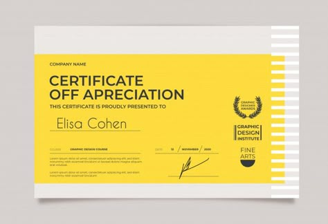 Minimal certificate template yellow and ... | Free Vector #Freepik #freevector Diploma Design Certificate, School Certificate Design, Certificate Design Inspiration, Black Certificate, Certificate Layout, Diploma Design, A4 Template, Certificate Of Achievement Template, Border Vector