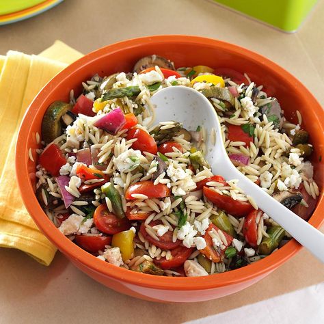 Vegetables that are in season make great additions to this orzo salad. It's the perfect side dish for a picnic, it can easily be doubled for a crowd, or you can add grilled chicken to make it a filling entree. —Danielle Miller, Westfield, Indiana Grilled Vegetable Orzo Salad, Potluck Vegetarian, Vegetable Orzo Salad, Summer Orzo, Recipes Potluck, Lighter Desserts, Vegetable Orzo, Orzo Salat, Danielle Miller