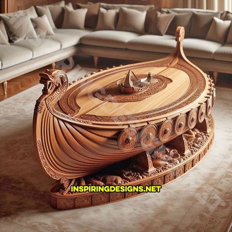 Nautical Coffee Table, Bedroom Wall Designs, Furniture Design Wooden, Tree Carving, Viking Ship, Woodworking Plans Diy, Wooden Statues, Wooden Ship, Funky Furniture