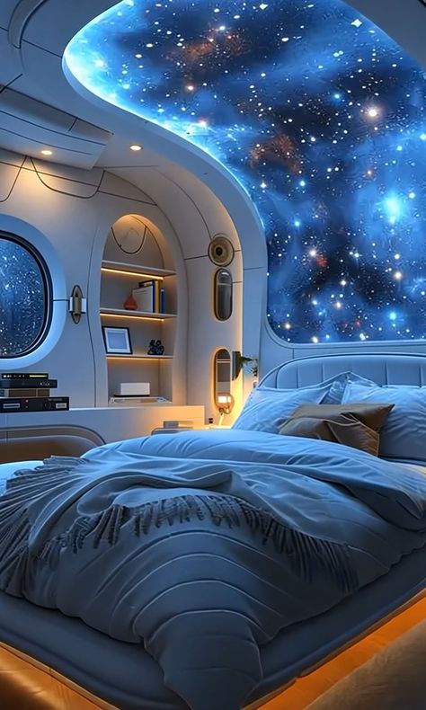 A stunning #futuristic #bedroom featuring a mesmerizing #cosmic ceiling that mimics a star-filled galaxy. The room's design blends modern comfort with space-inspired aesthetics, including a cozy #bed, illuminated shelves, and curved architecture. Warm ambient lighting complements the serene atmosphere, creating a perfect retreat for stargazers and sci-fi enthusiasts alike. Curved Architecture, Futuristic Bedroom, Warm Ambient Lighting, Space Themed Bedroom, Awesome Bedrooms, Cozy Bed, Ambient Lighting, Dream Room, Pretty Pictures