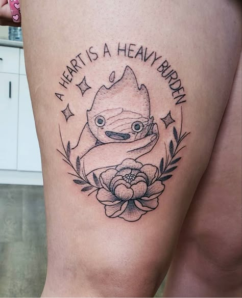 Studio Ghibli Calcifer Tattoo, Studio Ghibli Tattoo Ideas Howl's Moving Castle, A Hearts A Heavy Burden Tattoo, Calcifer Tattoo, Howls Moving Castle Tattoo, Howl's Moving Castle Tattoo, Ghibli Tattoos, Pikachu Tattoo, Atlas Tattoo