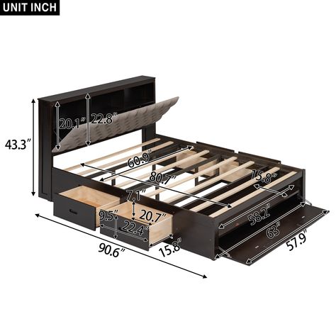 Platform Queen Wood Bed with 4 Drawers, Flip-top Headboard, Shoe Rack - Bed Bath & Beyond - 40534039 Espresso Bed, Box Bed Design, Bed With Storage Headboard, Storage Bed Queen, Cal King Bedding, Storage Headboard, Queen Size Platform Bed, Bed Design Modern, Wooden Headboard