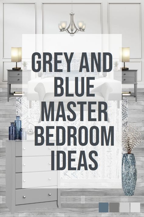 This post is all about my grey and blue master bedroom ideas! Step into a master bedroom designed with a perfect blend of serenity and sophistication. The grey and blue color palette not only brings a calming effect but also introduces a sense of elegance and refinement. With an assortment of accessories, the design is a testament to the power of subtlety and simplicity, transforming a regular bedroom into an extraordinary retreat. Blue Gray And White Bedroom Ideas, Calm Bedroom Color Palette, Greyish Blue Bedroom Ideas, Gray Primary Bedroom, Bedroom Decor Blue And Grey, Blue Grey Bedroom Decor, Dark Blue And Gray Bedroom, Silver And Gold Bedroom Ideas, Modern Blue Bedroom Ideas