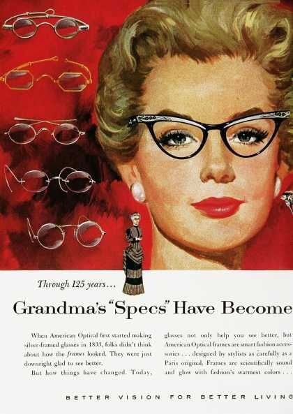 Glasses Ads, 1950s Glasses, Gamma Rays, Retro Lifestyle, Fashion Museum, 1950’s Fashion, Retro Eyewear, Fashion Ads, Portraits Art