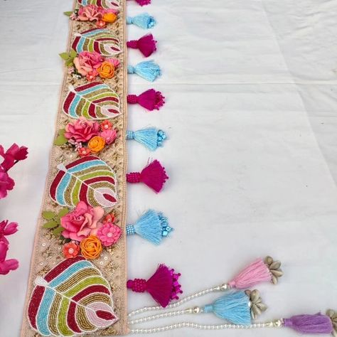 Handcrafted colourfull crystal beaded leaf 🌿 🌿 Bandanwar with foamiran flowers 🥰✨✨ Size -40 inch Width-6 inch DM us for more details or WhatsApp us on 9867422790 Bandhanwar Designs, Mirror Toran Design, Lotus Toran Design, Toran With Clay, Hand Made Toran Idea, Mirror Hand Work Toran, Gold Earrings For Kids, Foamiran Flowers, Rakhi Design