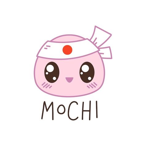 Mochi cake with a headband and a smile j... | Premium Vector #Freepik #vector #funny-food #food-character #cartoon-logo #character-logo Mochi Cartoon Cute, Mochi Drawing Cute, Japan Branding, Strawberry Mochi, Sakura Mochi, Mochi Cake, Chibi Food, Japan Logo, Food Logo Design