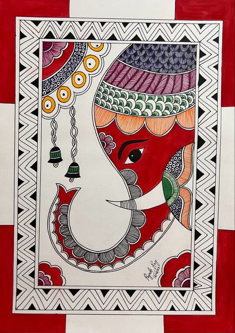 Simple Gond Painting, Madhubani Art Aesthetic, Madhubani Painting Sketches, Easy Kalamkari Art, Madhubani Easy Art, Elephant Madhubani Art, Kalamkari Drawing Easy, Mithila Art Design, Madhubani Folk Art