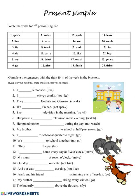 Present simple Interactive worksheet Elementary English Worksheets, Present Simple Worksheets English Grammar, Present Simple Worksheets For Kids, Present Simple For Kids, Present Simple Tense Worksheet, Simple Present Worksheet, Present Simple Exercises, Present Simple Worksheet, Simple Present Tense Worksheets