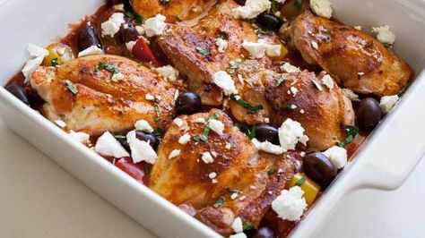 One Pan Greek Chicken with Feta and Olives | Sprinkles and Sprouts One Pan Greek Chicken, Feta And Olives, Greek Style Chicken, Greek Lemon Potatoes, Greek Dinners, Greek Seasoning, Chicken With Olives, Greek Dishes, Greek Chicken