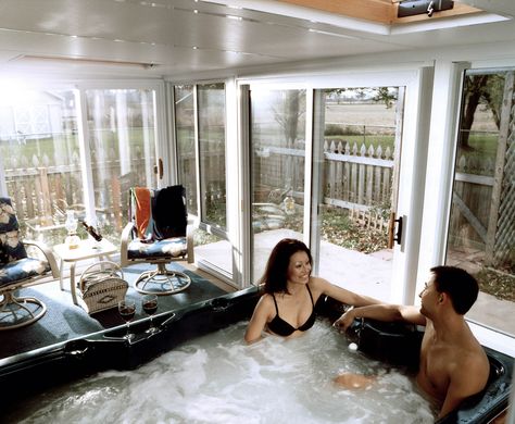 Hot Tub In Sunroom, Four Seasons Room With Hot Tub, 4 Season Room With Hot Tub, Enclosed Hot Tub Room, Hot Tub Sunroom, Sunroom With Hot Tub, Outdoor Sunroom, Indoor Hot Tub, Deck Renovation