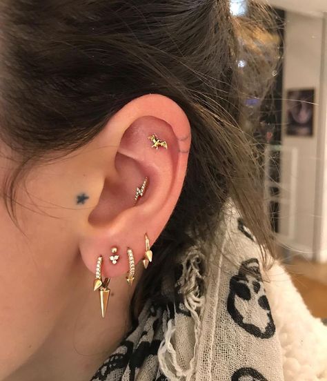 Maria Tash Conch Piercing, Vertical Lobe Piercing, Earring Stacks, Flat Piercing, Integumentary System, Maria Tash, Lobe Piercing, Daith Piercing, Conch Piercing