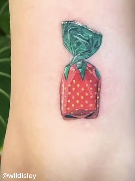 Candy Tattoos For Women, Sweets Tattoo Ideas, Traditional Cupcake Tattoo, Strawberry Candy Tattoo, Pepper Plant Tattoo, Fried Green Tomatoes Tattoo, Pun Tattoos Funny, Strawberry Jam Tattoo, Sweet Tooth Tattoo