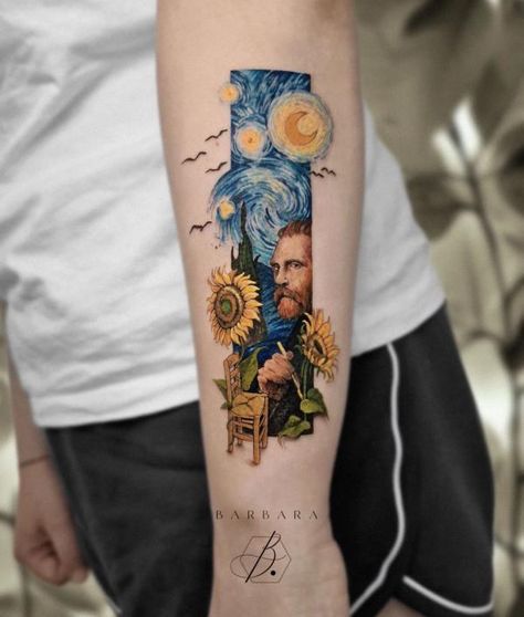 Vincent Van Gogh paintings sunflowers chair and Starry night rectangular tattoo Paint Swipe Tattoo, Art Van Gogh, Paintings Tattoo, Can Gogh Tattoo, Van Gogh Tattoos, The Starry Night Tattoo, Stary Night Tattoos, Van Gogh Butterfly Tattoo, Vincent Tattoo