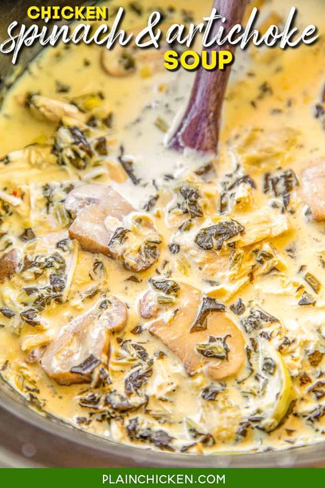 Slow Cooker Low-Carb Chicken Spinach & Artichoke Soup - this soup is seriously DELICIOUS! Everyone RAVES about this easy soup. Super easy to make. Simply place all the ingredients in the crockpot and let it do all the work. Chicken, spinach, artichokes, mushrooms, Italian dressing mix, chicken broth, and cream cheese. Top soup with some cheese and bacon. You would never guess this is low-carb and Keto friendly! #keto #lowcarb #soup #slowcooker #crockpot #chicken #spinach Spinach Artichoke Soup Crockpot, Chicken Spinach Soup Crockpot, Chicken And Artichoke Soup, Chicken Artichoke Recipes Slow Cooker, Crockpot Chicken And Artichoke Recipes, Keto Spinach Artichoke Chicken, Taco Soup Slow Cooker, Low Carb Taco Soup, Plain Chicken Recipe