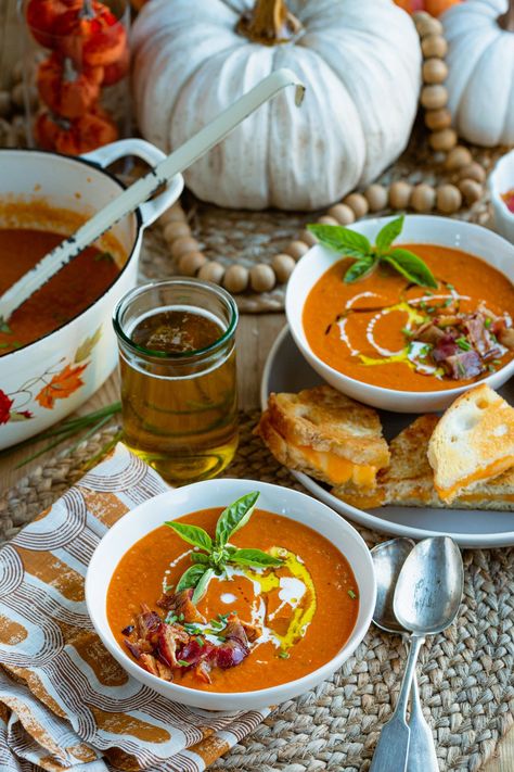 Tomato Soup With Grilled Cheese, Soup With Grilled Cheese, Tomato Soup Grilled Cheese, Tenderloin Roast, Crispy Shallots, Grilled Cheese Sandwiches, Curry Shrimp, Tomato Soup Recipes, Potato Cakes