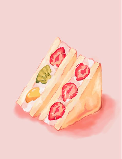 Strawberry Sando, Sandwich Drawing, Fruit Sandwich, Japanese Bread, 귀여운 음식 그림, Foodie Art, Food Artwork, Food Illustration Art, Cute Food Drawings