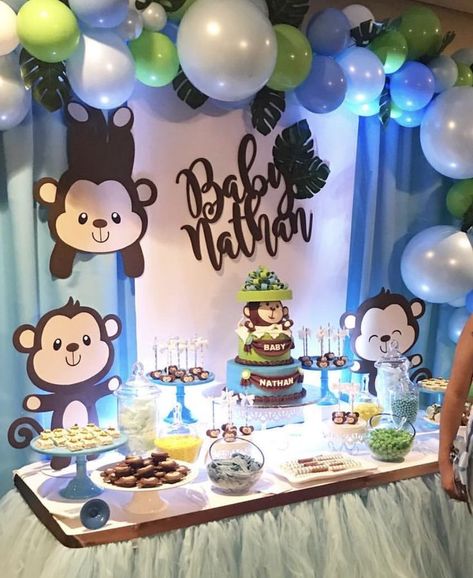 Baby Shower Boy Monkey Baby Shower Boy, Baby Shower Monkey Theme, Baby Boy Shower Decorations, Monkey Baby Shower, Deco Jungle, Jungle Baby Shower Theme, Monkey Baby, Free Baby Shower