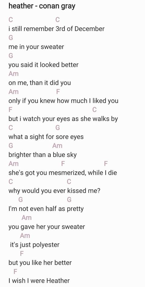 Heather Guitar Chords - Conan Gray #conangray #songsguitarchords #guitarchords #chords Songs With Ukulele Chords, Ukelele Easy Chords, Toxic Gossip Train Ukulele Chords, Names To Name Your Guitar, Song With Guitar Chords, Beginner Ukelele Song Chords, Heather On Ukulele, Heather Piano Notes, Prom Queen Ukulele Chords