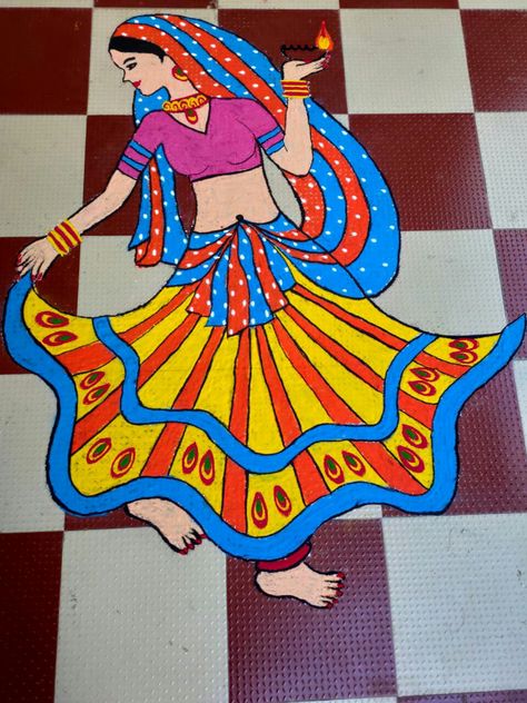 Lady Rangoli Design, Rupchaudas Rangoli, Roopchaudas Rangoli, Radha Rangoli, Roop Chaudas Rangoli, Theme Based Rangoli For Competition, Latest Rangoli Designs Creative, Cartoons Rangoli Design, Cartoons Rangoli