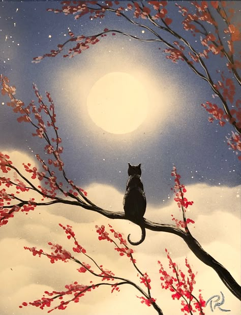 Cat On Tree Painting, Cat Moon Painting, Cat Silhouette Painting, Painting Ideas Cat, Cannibalismcore Love, Acrylic Painting Cat, Cute Cat Art, Cat And Moon, Cat Phone Wallpaper