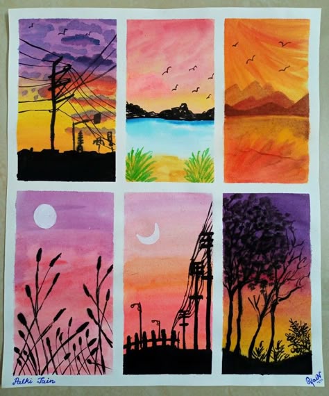 Why to make only one painting. Make multiple paintings on a single page with different sceneries 😍 you just need watercolors, brush and masking tape and voilà.😍 Watercolor Masking Tape Art, Masking Tape Painting Ideas, Masking Tape Drawing, Multiple Drawings On One Page, Senery Pic Drawing Watercolor, Watercolor Paintings Scenery Easy, Multiple Canvas Painting Ideas Simple, Scenery Drawing Watercolor, Scenery Painting Watercolor