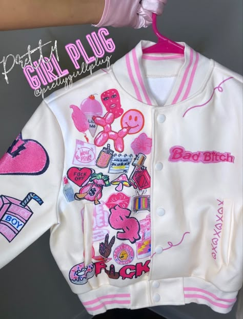 Kawaii Varsity Jacket, Y2k Varsity Jacket, Varsity Jacket Custom, Pastel Varsity Jacket, Barbie Varsity Jacket, Hello Kitty Varsity Jacket, Anime Varsity Jacket, Varsity Patch Ideas, Patch Jacket Outfit