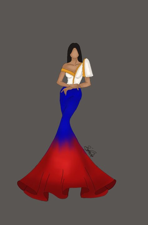 It is a pilipino dress Philippine Gown, Filipiniana Dress Drawing, Illustration Outfit, Philippines Dress, Gown Sketch, Filipiniana Gown, Modern Filipiniana Gown, Folding Template, Illustration Poses