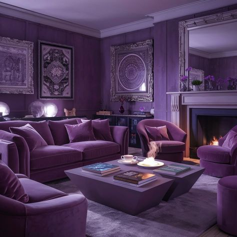 Purple living room design idea Living Room Decor Purple Couch, Amethyst Living Room, Purple Family Room, Purple Living Room Aesthetic, Purple Lounge, Bedroom 2023, Purple Bedroom Decor, Purple Office, Purple Couch