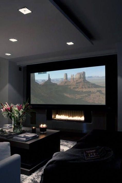 Modern Home Theater Design With Fireplace Under Projector Screen #mediaroomdecor Small Home Theater, Home Theater Lighting, Basement Home Theater, Basement Home, Theater Design, Home Cinema Room, Home Theater Decor, Best Home Theater, Home Theater Setup