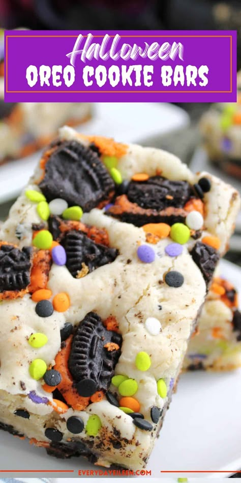 Halloween Oreo Cookie Bars are made with boxed cake mix, Halloween themed oreo cookies, and festive sprinkles to make a fun Halloween dessert or treat. The cookie bars are so easy to assemble. The perfect Halloween treat for family, friends, and Halloween parties. They travel well and are freezer friendly. Halloween Cake Mix Cookie Bars, Halloween Treats With Sprinkles, Halloween Cookies Sprinkles, Halloween Cookie Brownie, Halloween Oreo Cake Bars, Spooky Rice Crispy Treats, Halloween Magic Cookie Bars, Halloween Bars And Cookies, Bake Sale Halloween Ideas