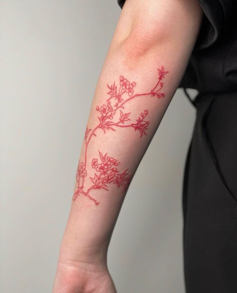 Color Tattoos Aesthetic, Red And Black Forearm Tattoo Women, Wrap Around Forearm Tattoo Women Flowers, Red Wrap Around Tattoo, Red Arm Tattoos For Women Forearm, Red Vines Tattoo, Red Flowers Tattoo Arm, Red Tattoo Forearm, Red Flower Back Tattoo