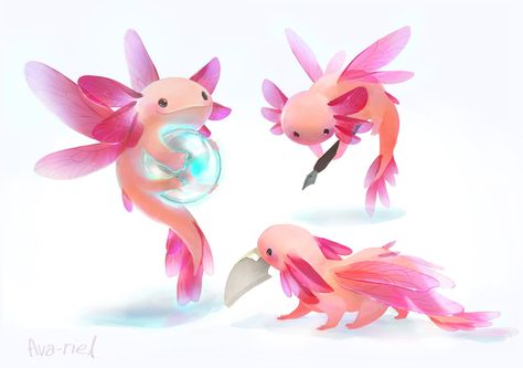 @fluffehfish.      Axolotl fairy familiar. Cute Creature Concept Art Animals, Axolotl Drawing Reference, Dnd Axolotl, Fantasy Pets Mythical Creatures, Cute Creature Concept Art, Cute Axolotl Art, Fairy Concept Art, Cute Mythical Creatures, Fatty Tuna