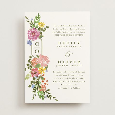 "Garland Monogram" - Wedding Invitations in Summer by Angela Marzuki. Larry Wedding, Oct Wedding, Summer Mountain Wedding, Floral Wedding Ideas, Watercolor Floral Invitation, Wedding Floral Ideas, 90th Birthday Party, Peach Party, Wedding Autumn