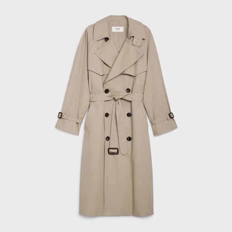 BOYFRIEND TRENCH COAT IN COTTON GABARDINE - BRITISH BEIGE | CELINE Celine Coat, Wardrobe Classic, Wardrobe Edit, Handbags Leather, Belted Trench Coat, Everyday Basics, Fabric Suppliers, Rain Coat, Coat Design