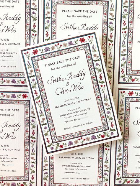 Patterned Save the Date inspired by Indian Mughal art, wedding stationery Linden Illustration, Indian Wedding Stationery, Mughal Wedding, Save The Date Indian, Cool Invitations, Asian Wedding Invitations, Illustrated Wedding Invitations, Unique Wedding Cards, Wedding Card Frames