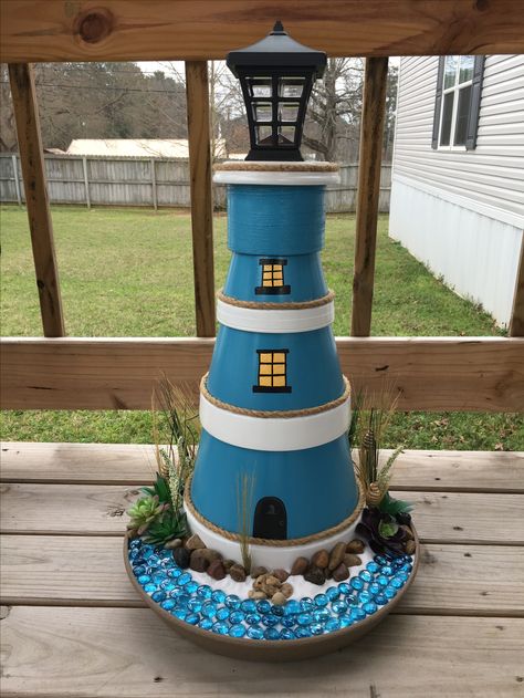 Flower Pot Lighthouse, Diy Lighthouse, Clay Pot Lighthouse, Lighthouse Crafts, Lighthouse Decor, Solar Light Crafts, Clay Pot Projects, Flower Pot People, Clay Pot People