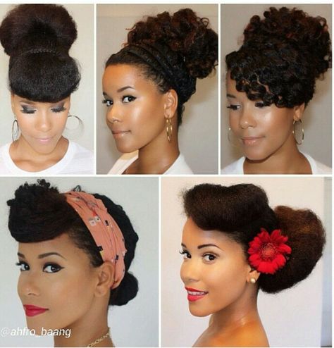 Bunworks 50s Bun Hairstyles, Black Pinup Hairstyles, 70 Hairstyles 1970s, 1950's Hairstyles, Afro Hair Bun, 50s Hair, Bun Ideas, 70 Hairstyles, Pin Up Curls