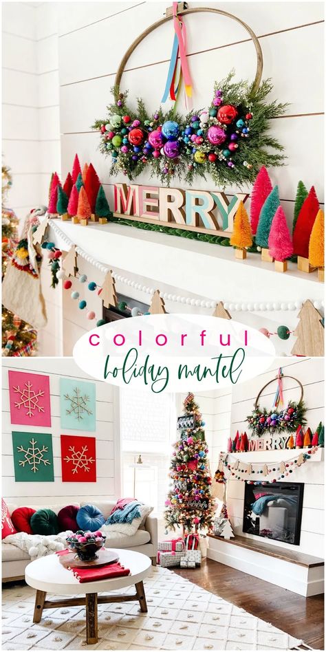 Bright Colorful Merry Mantel Christmas Decor Ideas Mantel Christmas Decor, Mantel Christmas, Bottlebrush Trees, Flocked Christmas Trees Decorated, Holiday Mantel, Glam Christmas, Rainbows Christmas, Christmas Mantel Decorations, White Christmas Trees