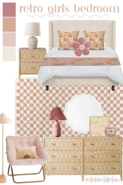 Cute teen girls bedroom decor mood board with a retro pink daisy theme! This girls room is so fun and nostalgic Girls Bedroom Mood Board, Daisy Bedroom, Paisley Bedroom, Groovy Bedroom, Tilly Upholstered Bed, Girls Bedroom Themes, Pink Girl Room, Big Girl Bedrooms, Retro Bedrooms