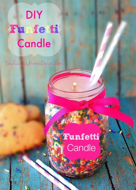 How to Make a #DIY Candle | Funfetti Candle Tutorial by @SewLicious Home Decor | Supplies available at Joann.com Diy Funfetti Candle, Birthday Candles Diy, Sprinkles Candle, Candy Candle, Candle Tutorial, Diy Scent, Candle Diy, Making Candles Diy, Candle Making Business