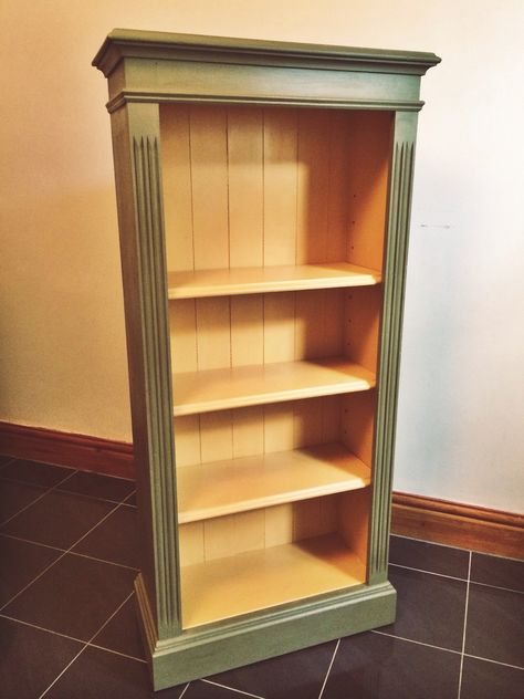 Bookcase handpainted in Annie Sloan Olive and Arles Chalk Paint Bookshelf Color Ideas Paint, Annie Sloan Chalk Paint Olive, Annie Sloan Olive, Painted Bookcases, Annie Sloan Furniture, Bookshelf Makeover, Bookcase Ideas, Painting Bookcase, Annie Sloan Painted Furniture